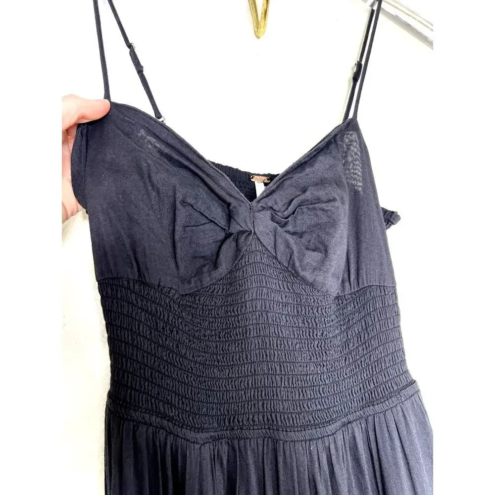 Free People Sundrenched Solid Maxi Dress Tiered Sleeveless Black Smocked  XS